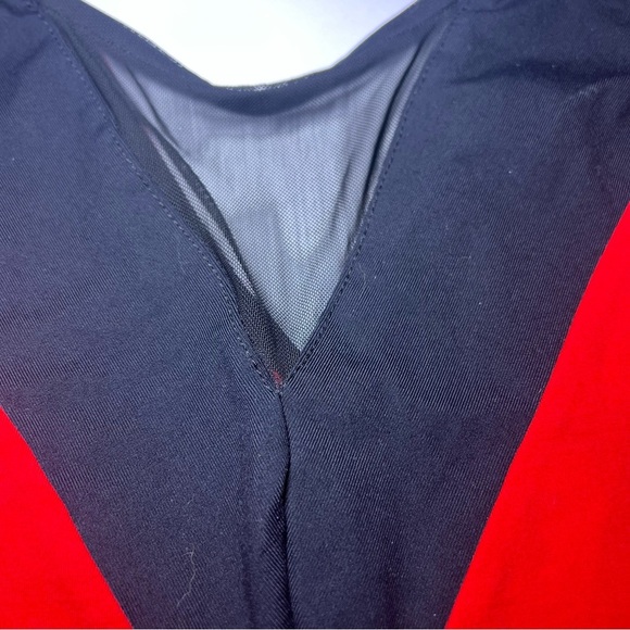 Bebe Red Black Peplum Top Mesh Front Women’s Size Large Business Casual - Picture 2 of 8